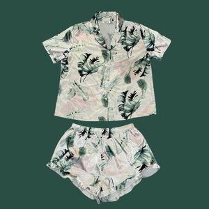 Tropical Palm Leaf Print Satin White Green Pajama Set Shirt Shorts Women’s